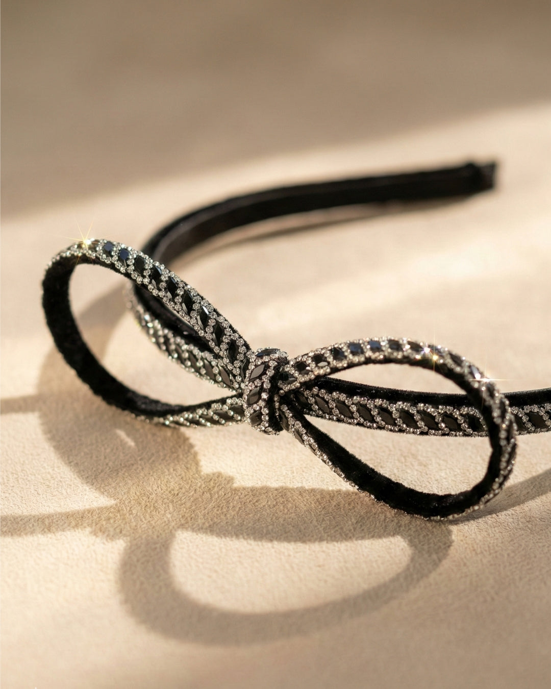 Chic Black Rhinestone Studded Bow Headband