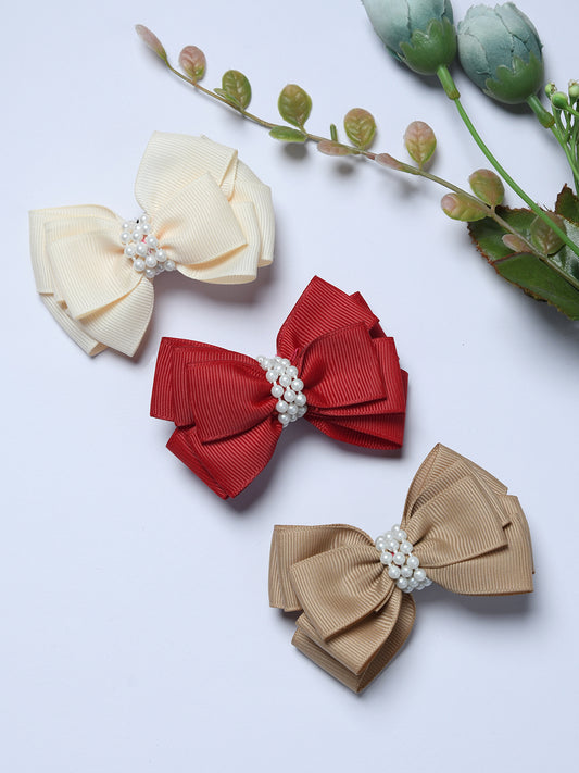 Pack of 3 Girls Cute Ribbon Bow Hair Clips with Pearl Embellishment