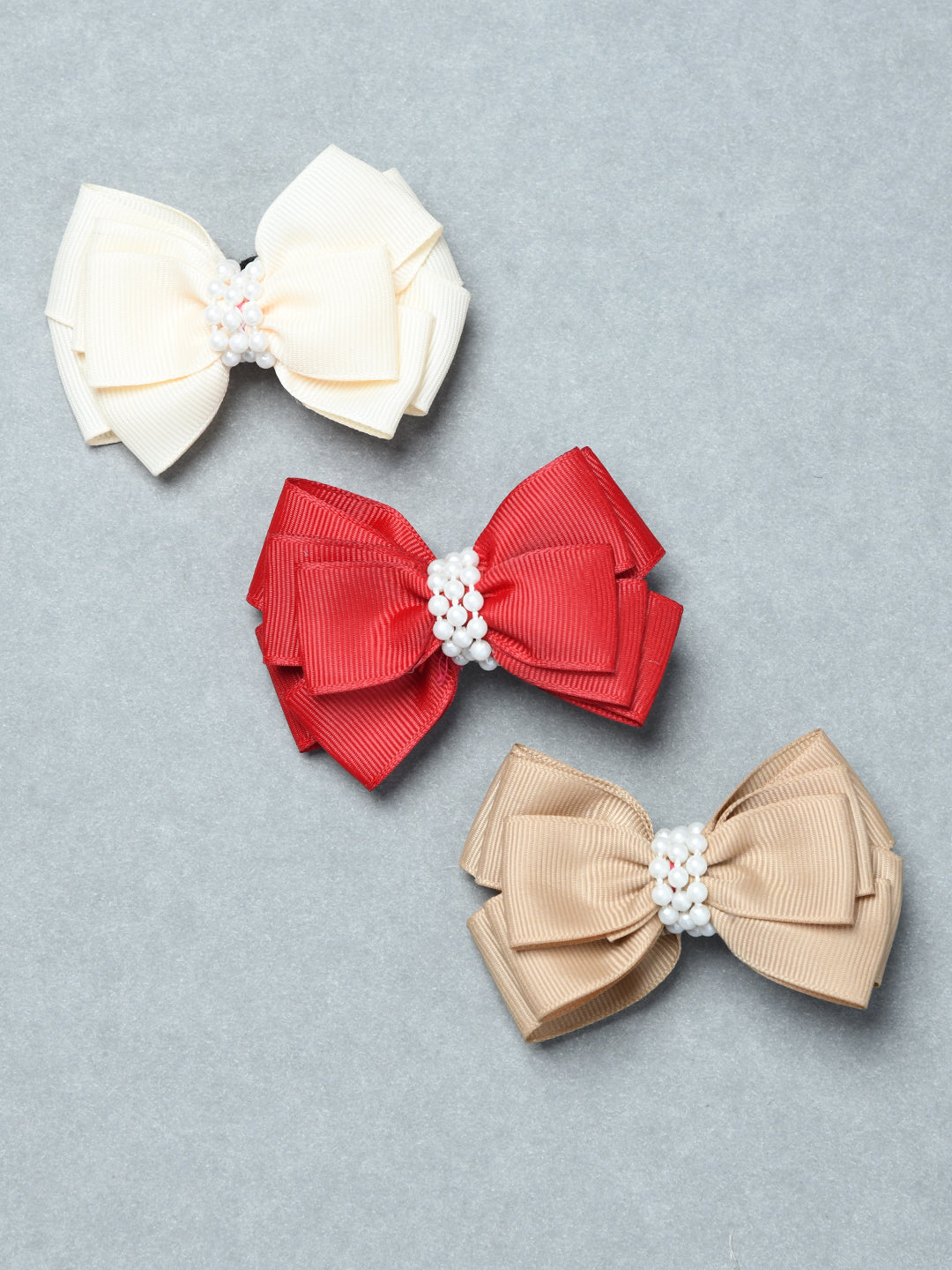 Pack of 3 Girls Cute Ribbon Bow Hair Clips with Pearl Embellishment