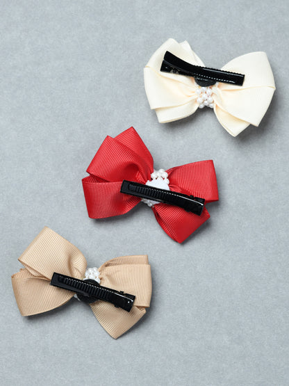 Pack of 3 Girls Cute Ribbon Bow Hair Clips with Pearl Embellishment