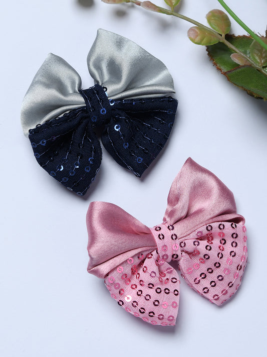 Pack of 2 Girls Satin Sequin Bow Hair Clips – Pink & Navy Blue