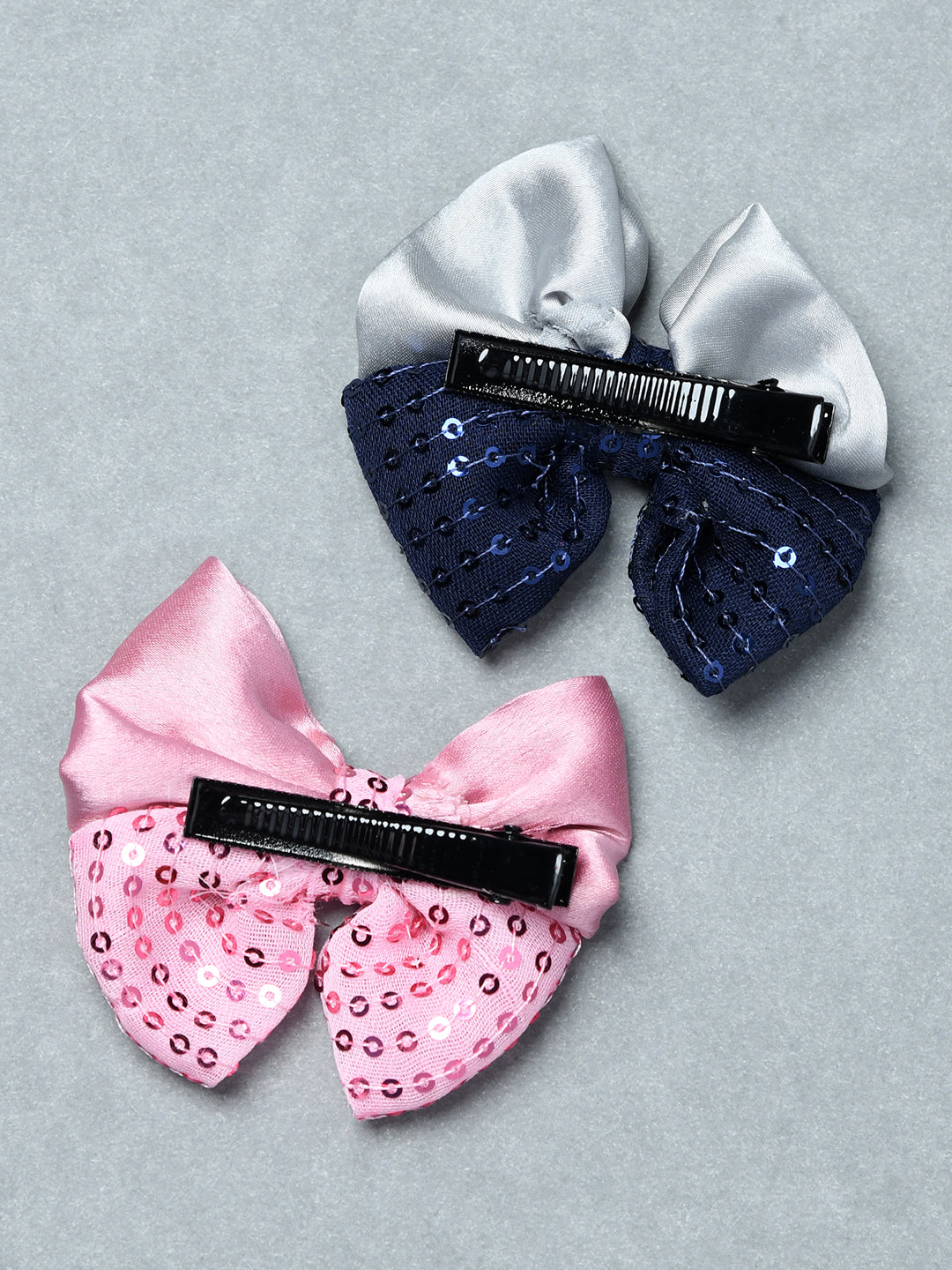 Pack of 2 Girls Satin Sequin Bow Hair Clips – Pink & Navy Blue