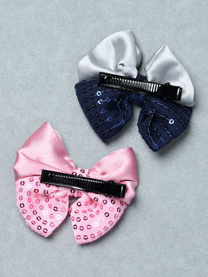 Pack of 2 Girls Satin Sequin Bow Hair Clips – Pink & Navy Blue