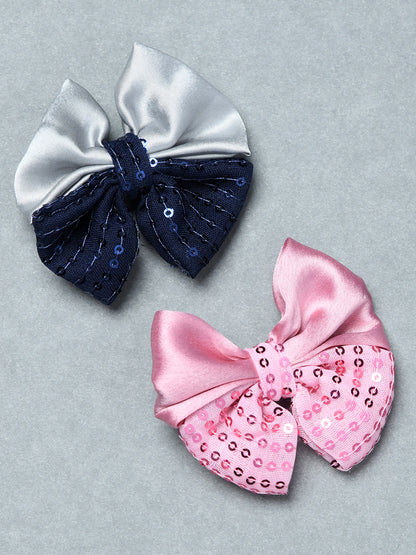 Pack of 2 Girls Satin Sequin Bow Hair Clips – Pink & Navy Blue