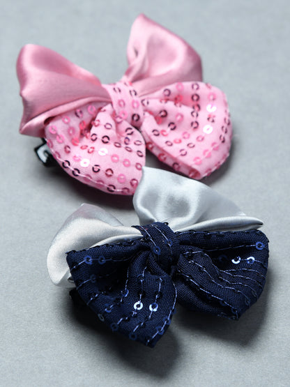 Pack of 2 Girls Satin Sequin Bow Hair Clips – Pink & Navy Blue