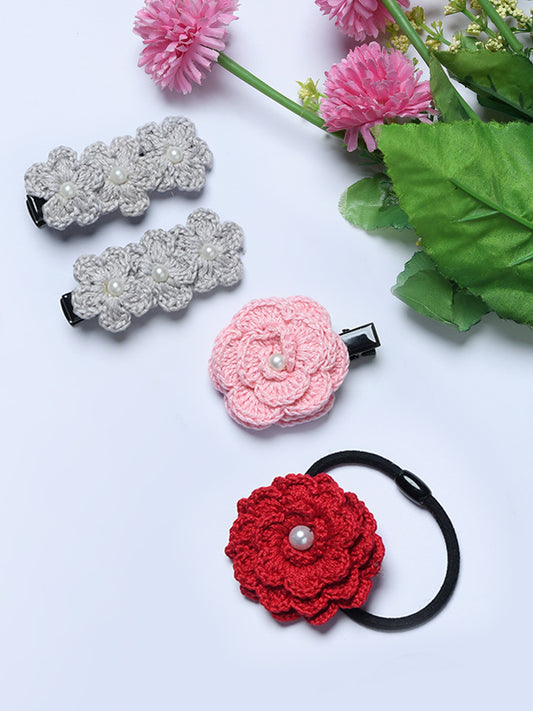 Pack of 4 Handmade Crochet Flower Hair Clips & Hair Tie Set for Girls