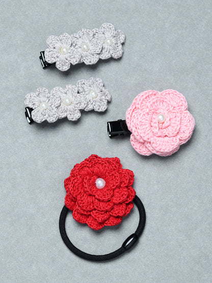 Pack of 4 Handmade Crochet Flower Hair Clips & Hair Tie Set for Girls