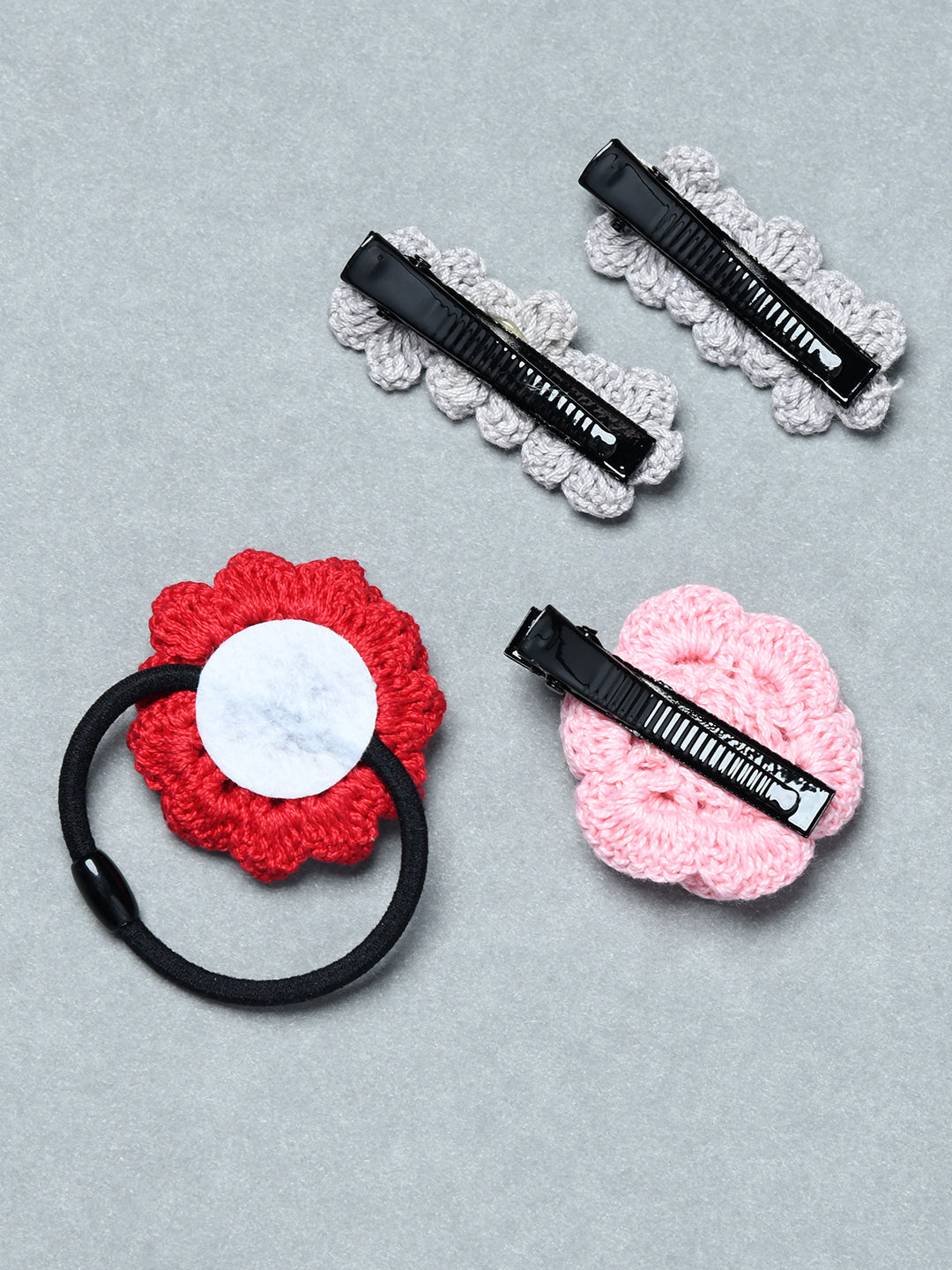 Pack of 4 Handmade Crochet Flower Hair Clips & Hair Tie Set for Girls