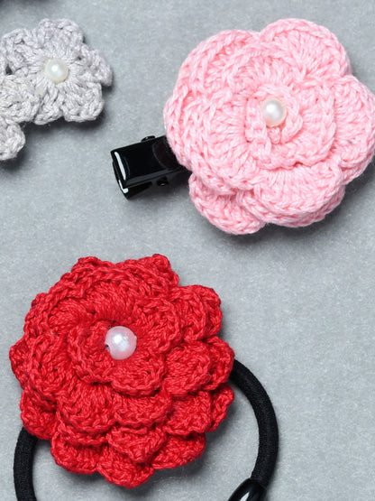 Pack of 4 Handmade Crochet Flower Hair Clips & Hair Tie Set for Girls