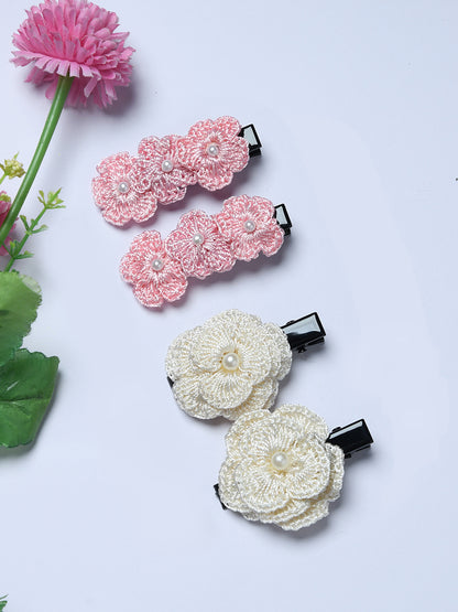 Pack of 4 Handmade Crochet Flower Hair Clips with Pearl
