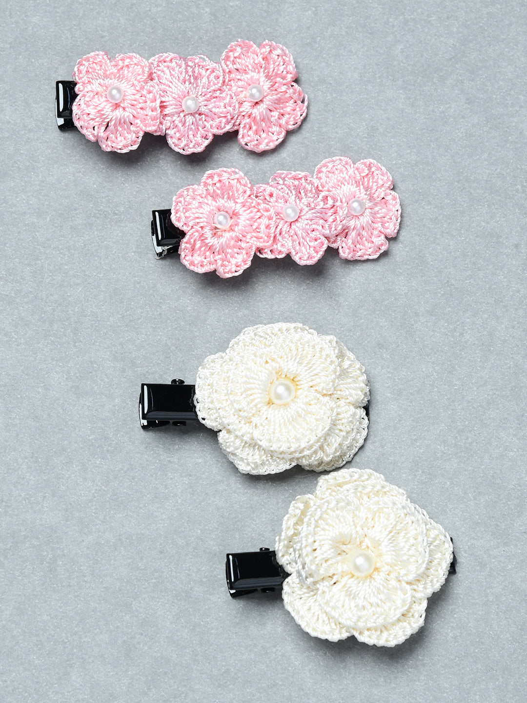 Pack of 4 Handmade Crochet Flower Hair Clips with Pearl