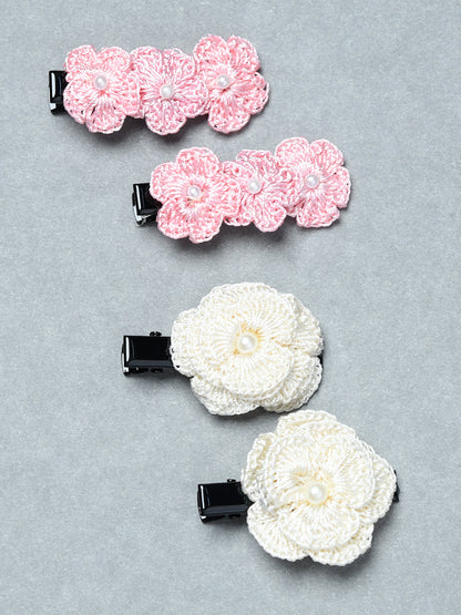 Pack of 4 Handmade Crochet Flower Hair Clips with Pearl