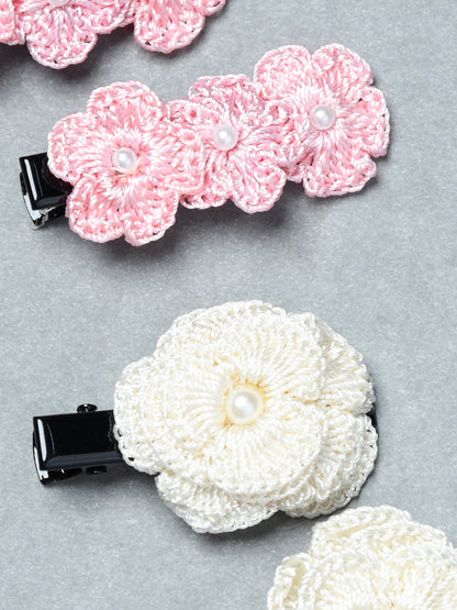 Pack of 4 Handmade Crochet Flower Hair Clips with Pearl