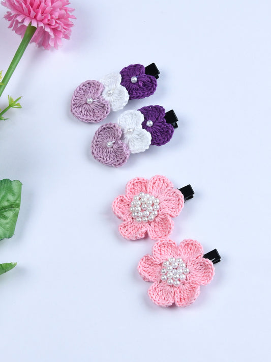 Pack Of 4 Trendy Floral And Hearts Crochet Hair Clips - Pink & Mauve