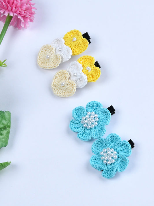 Pack Of 4 Trendy Floral And Hearts Crochet Hair Clips - Blue & Yellow
