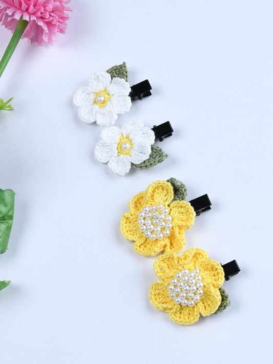 Pack Of 4 Trendy Floral Crochet Hair Clips - White & Yellow