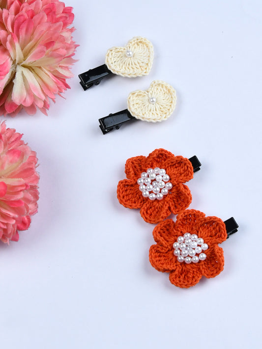 Pack Of 4 Trendy Floral And Hearts Crochet Hair Clips - Off White & Rust