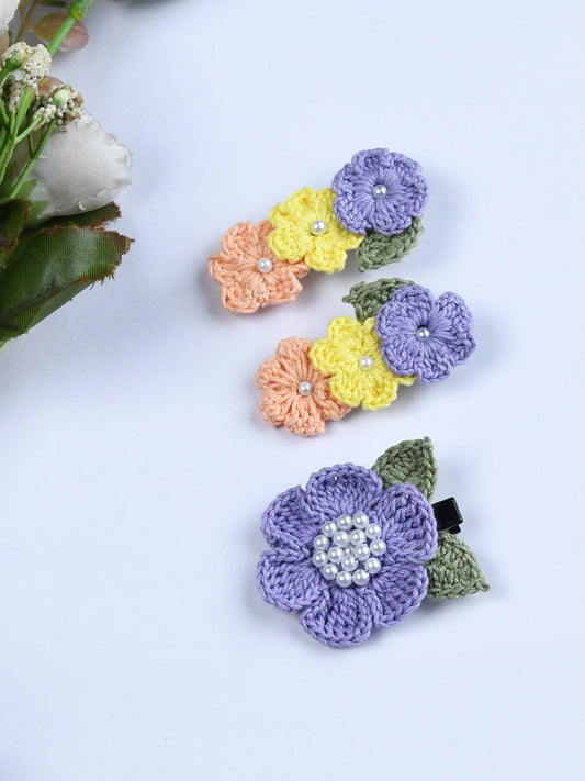 Pack Of 3 Trendy Floral Crochet Hair Clips - Mauve
