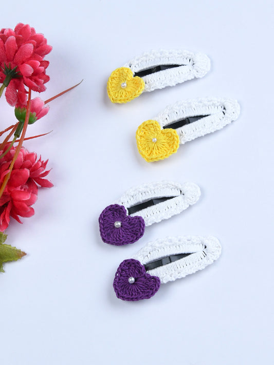 Pack Of 4 Trendy Hearts Crochet Hair Clips - Yellow & Mauve