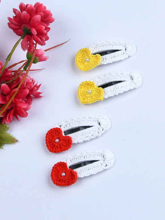 Pack Of 4 Trendy Hearts Crochet Hair Clips - Yellow & Red
