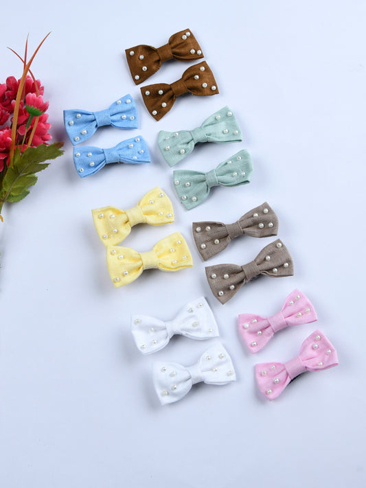 Pack Of 14 Solid Lenin Hair Bow Clips - Blue, Yellow, White, Pink, Beige, Green, Brown