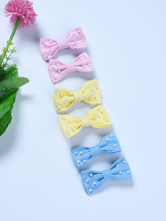 Pack Of 6 Solid Lenin Hair Bow Clips - Blue, Pink, Yellow