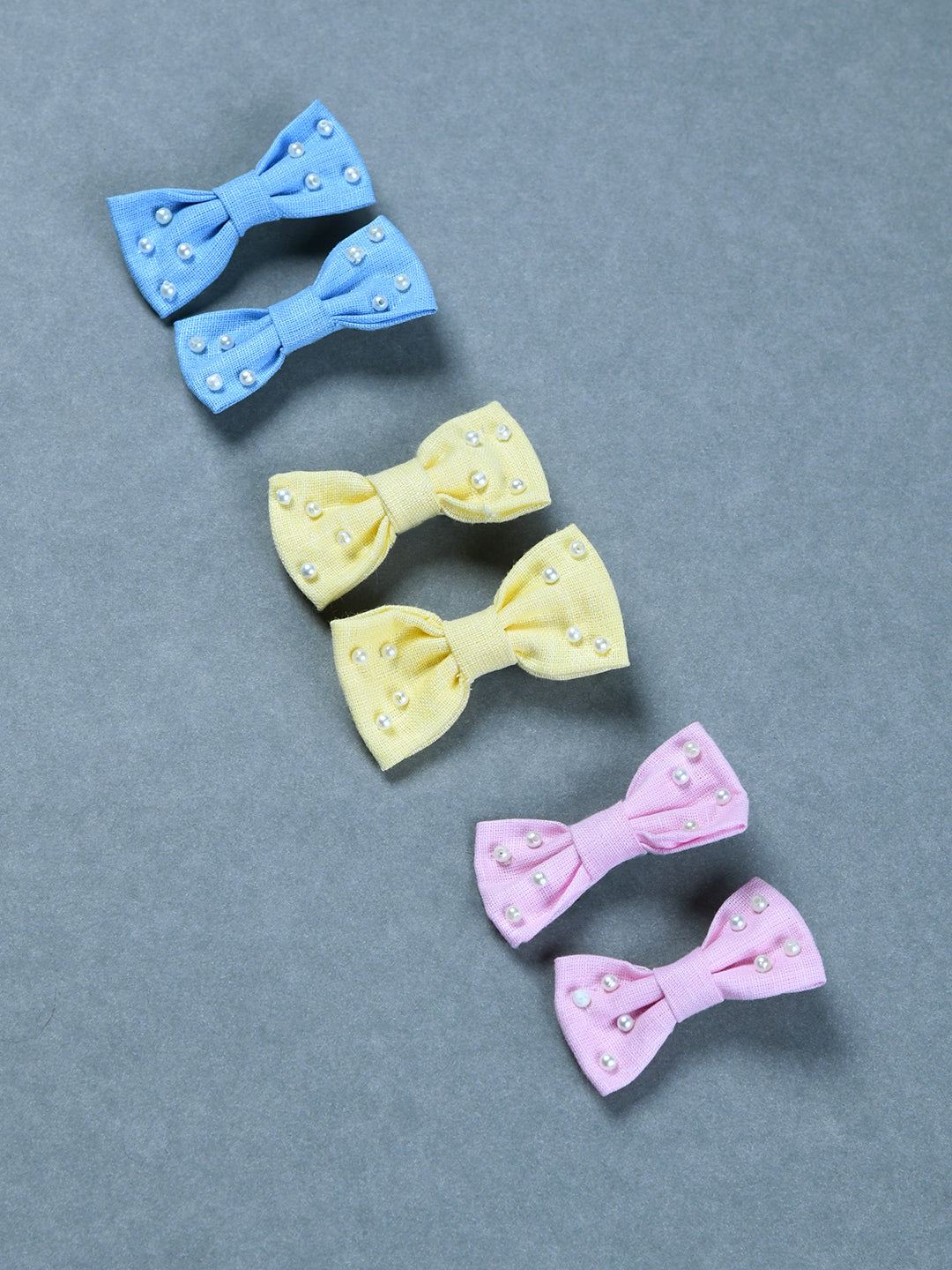 Pack Of 6 Solid Lenin Hair Bow Clips - Blue, Pink, Yellow