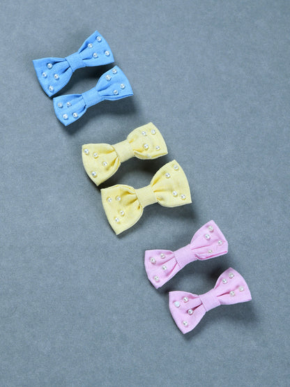 Pack Of 6 Solid Lenin Hair Bow Clips - Blue, Pink, Yellow