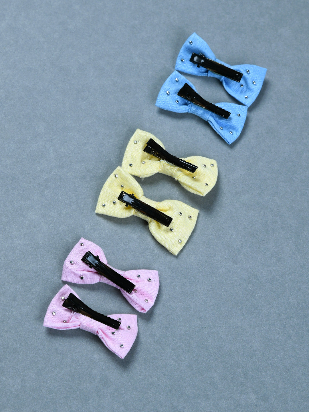 Pack Of 6 Solid Lenin Hair Bow Clips - Blue, Pink, Yellow