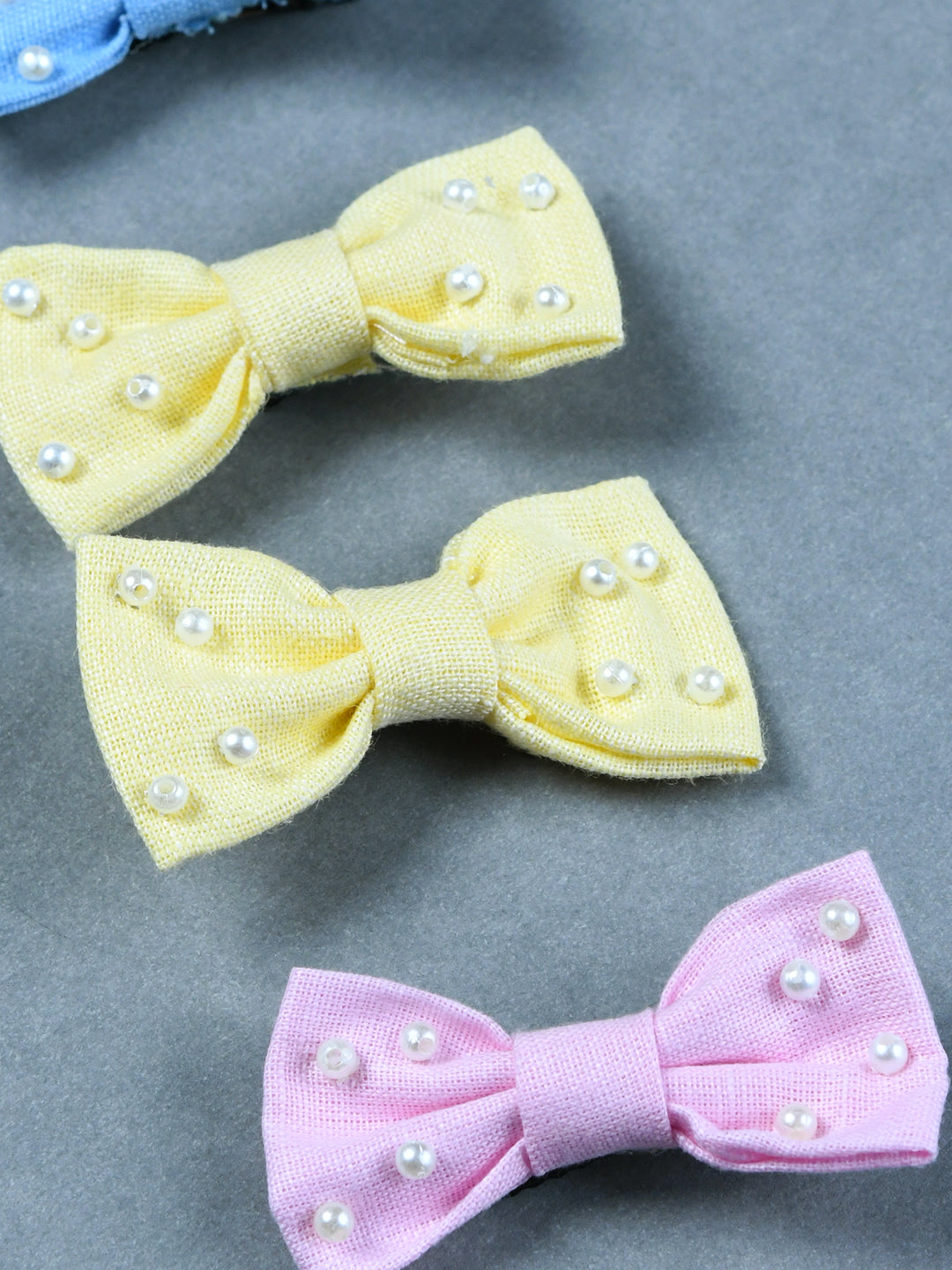 Pack Of 6 Solid Lenin Hair Bow Clips - Blue, Pink, Yellow