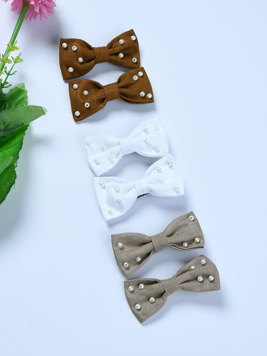 Pack Of 6 Solid Lenin Hair Bow Clips - Brown, White, Beige