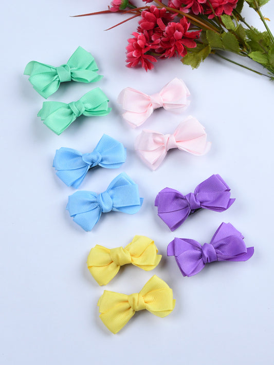 Pack Of 10 Solid Hair Bow Clips - Green, Blue, Yellow, Pink, Purple