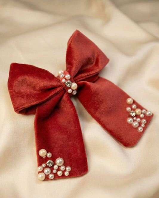 Red Velvet Luxe Solid Embellished Hair Bow With Tail Clip