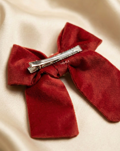 Red Velvet Luxe Solid Embellished Hair Bow With Tail Clip