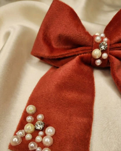 Red Velvet Luxe Solid Embellished Hair Bow With Tail Clip