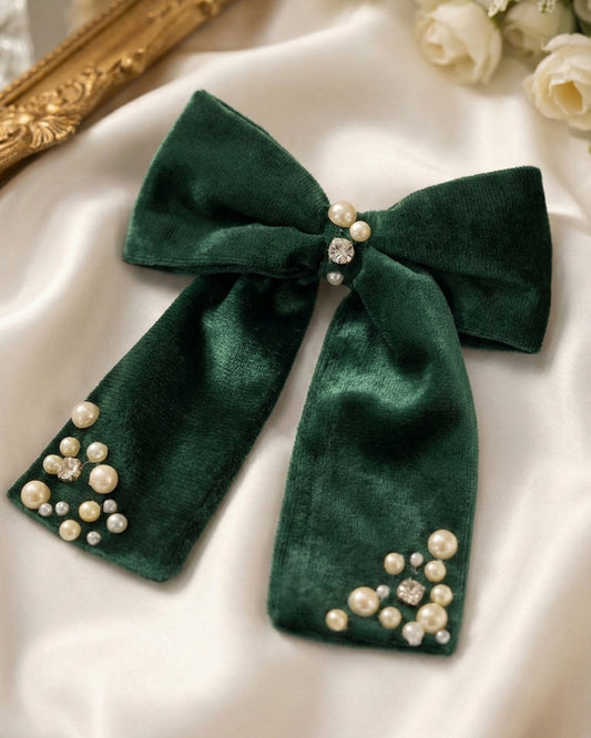 Green Velvet Luxe Solid Embellished Hair Bow With Tail Clip