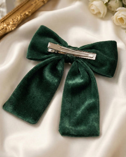 Green Velvet Luxe Solid Embellished Hair Bow With Tail Clip