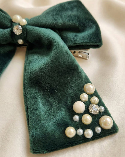 Green Velvet Luxe Solid Embellished Hair Bow With Tail Clip