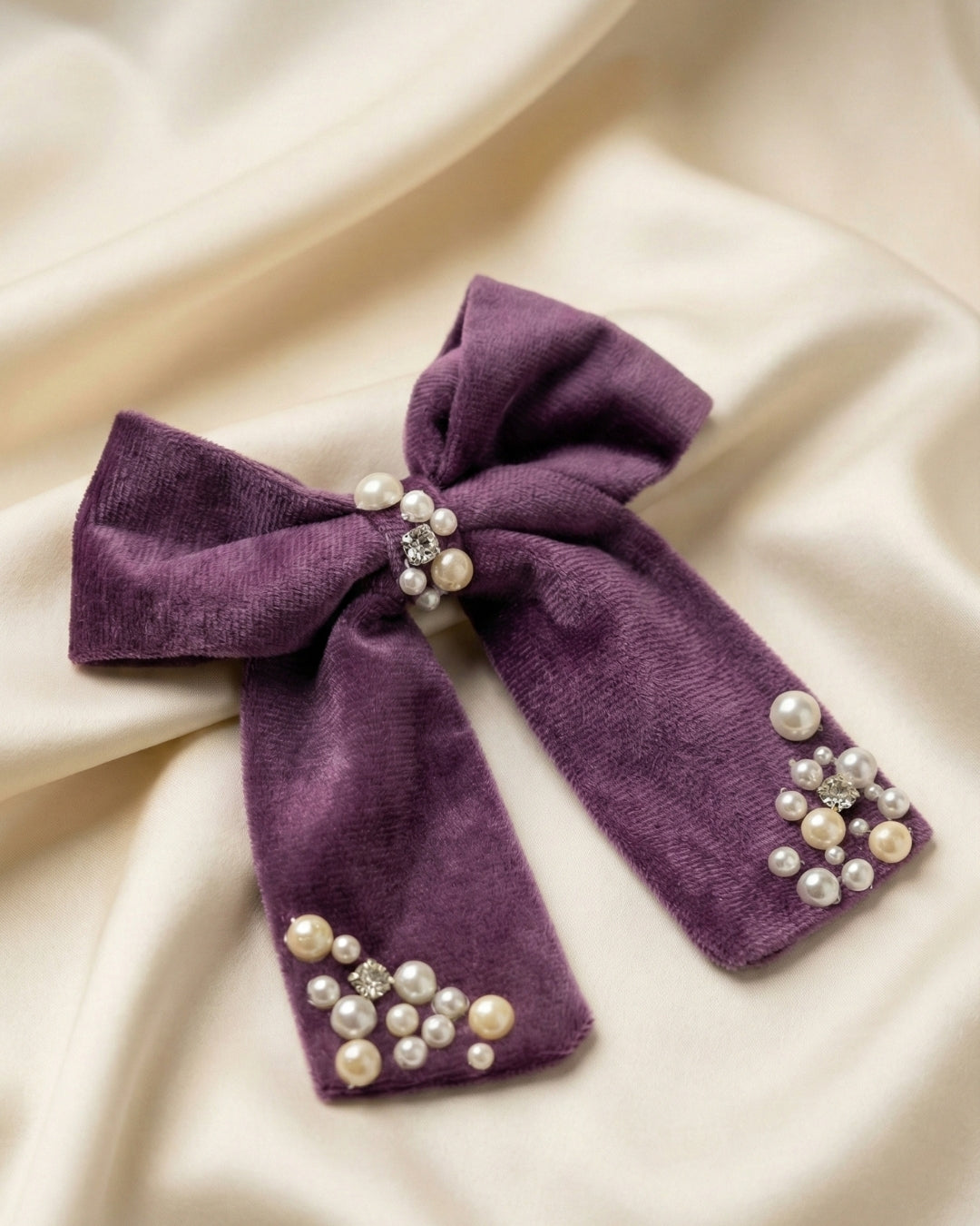 Purple Velvet Luxe Solid Embellished Hair Bow With Tail Clip