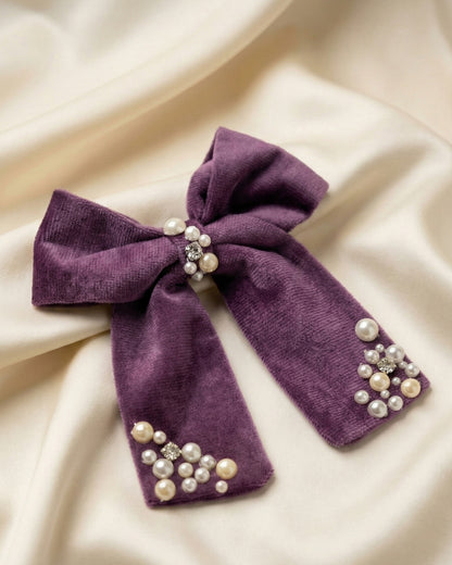 Purple Velvet Luxe Solid Embellished Hair Bow With Tail Clip