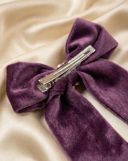 Purple Velvet Luxe Solid Embellished Hair Bow With Tail Clip