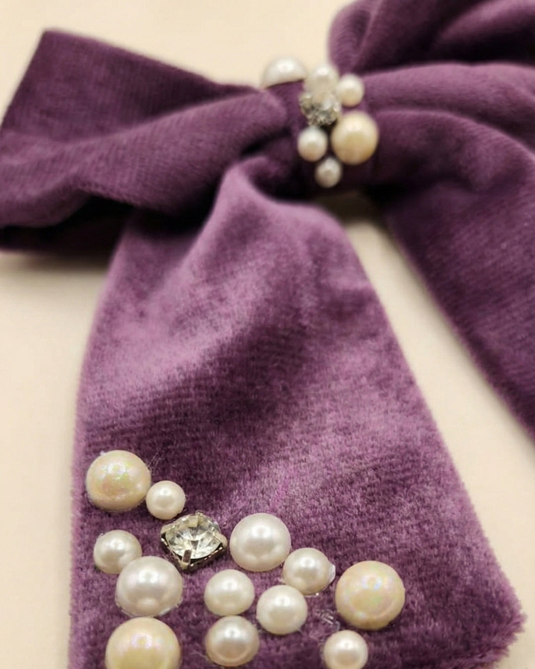 Purple Velvet Luxe Solid Embellished Hair Bow With Tail Clip