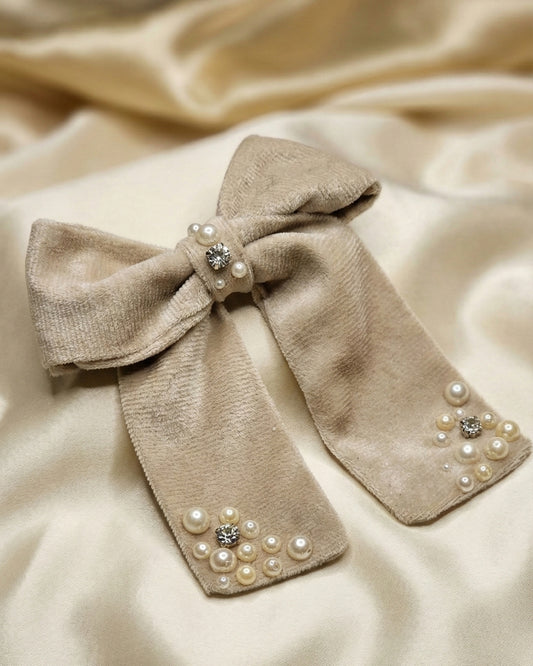 Beige Velvet Luxe Solid Embellished Hair Bow With Tail Clip