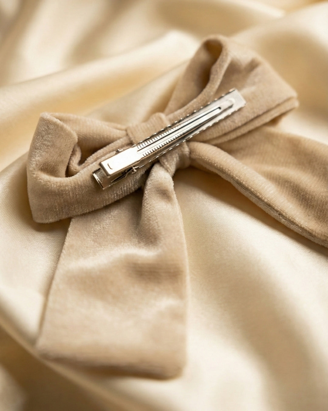 Beige Velvet Luxe Solid Embellished Hair Bow With Tail Clip