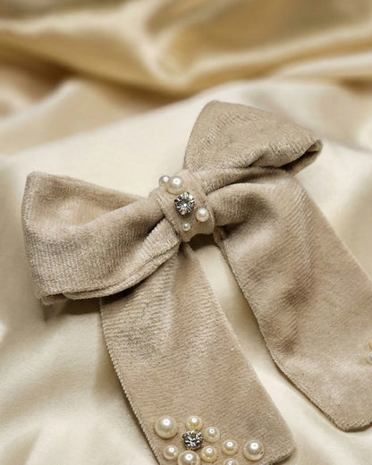 Beige Velvet Luxe Solid Embellished Hair Bow With Tail Clip