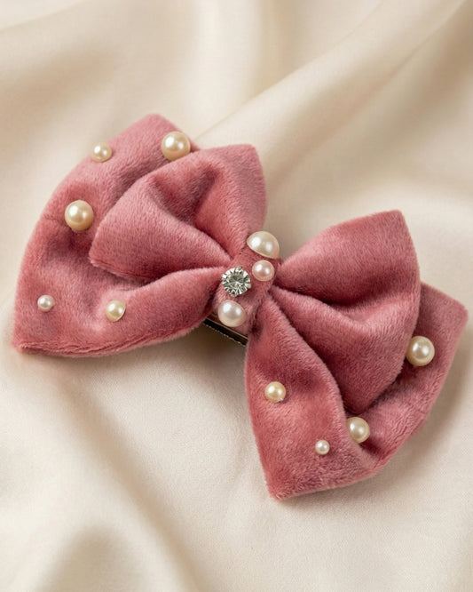 Pink Velvet Luxe Solid Embellished Hair Bow Clip
