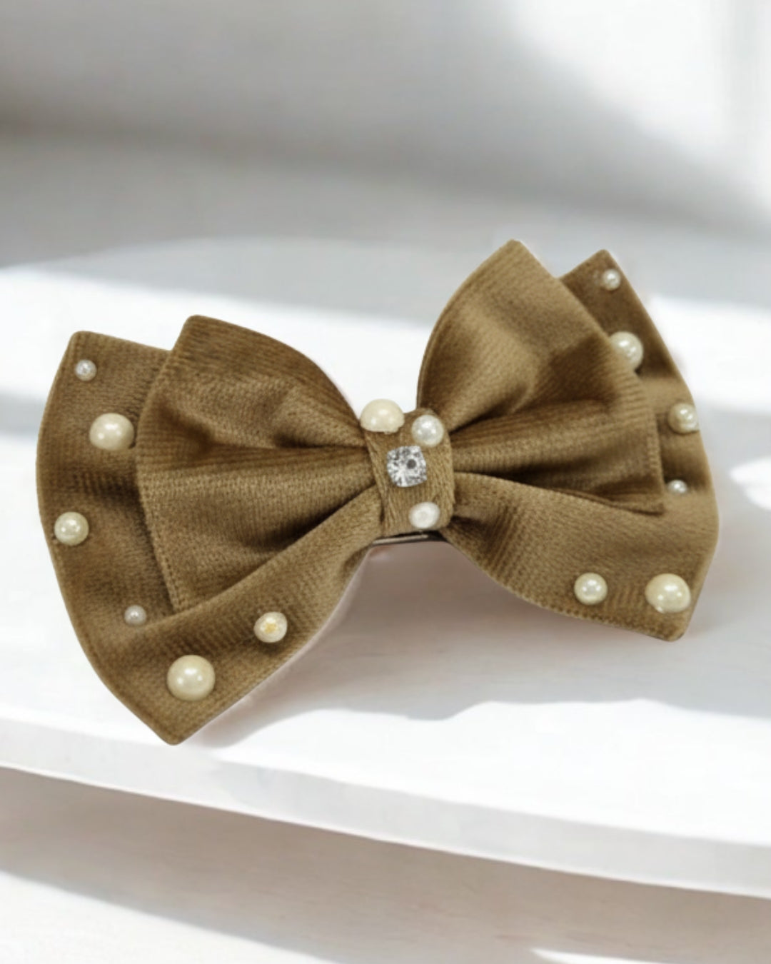 Brown Velvet Luxe Solid Embellished Hair Bow Clip