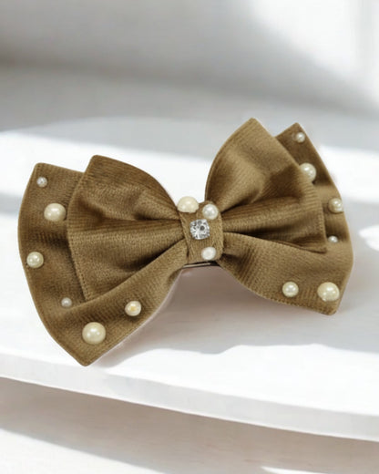Brown Velvet Luxe Solid Embellished Hair Bow Clip