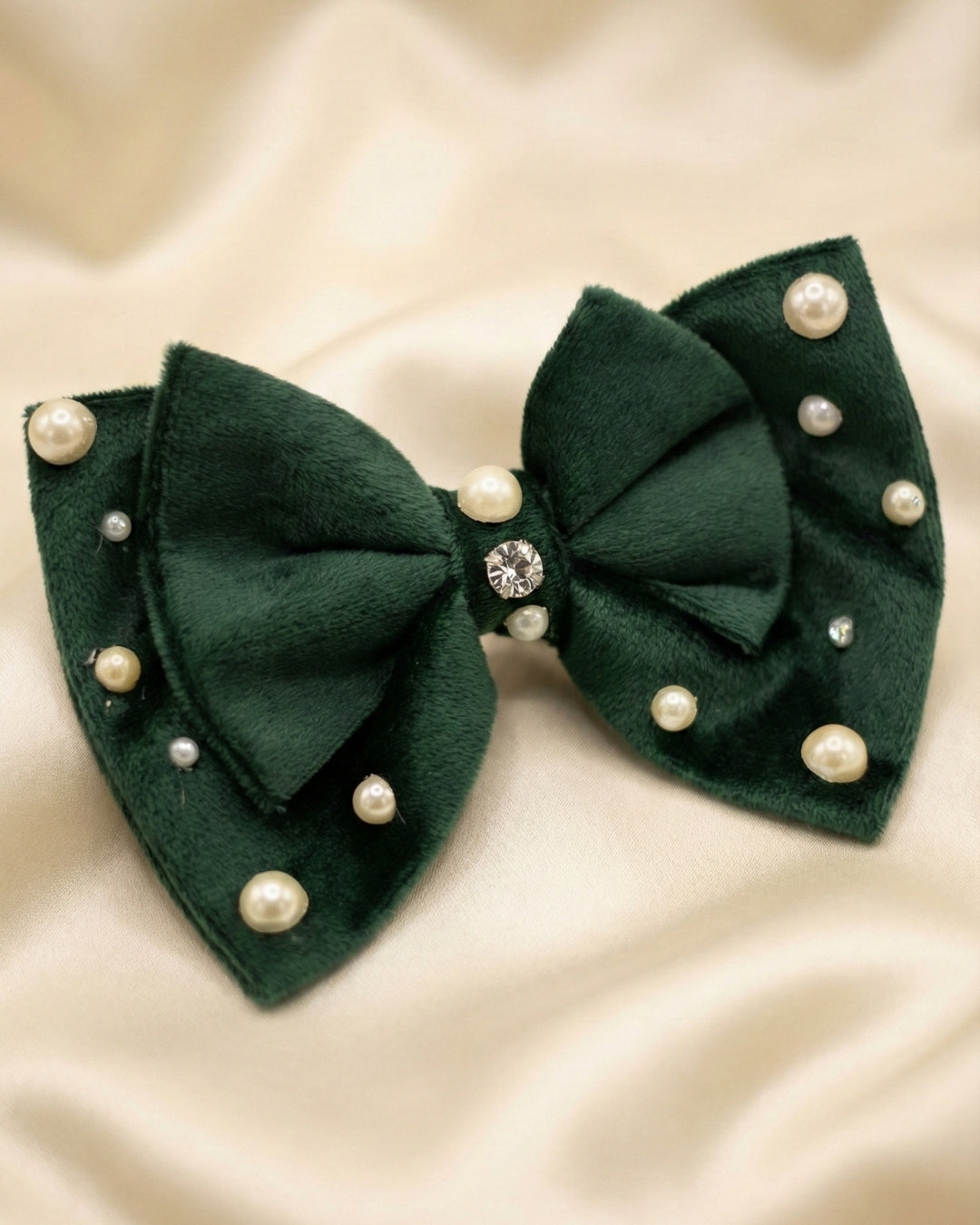 Green Velvet Luxe Solid Embellished Hair Bow Clip