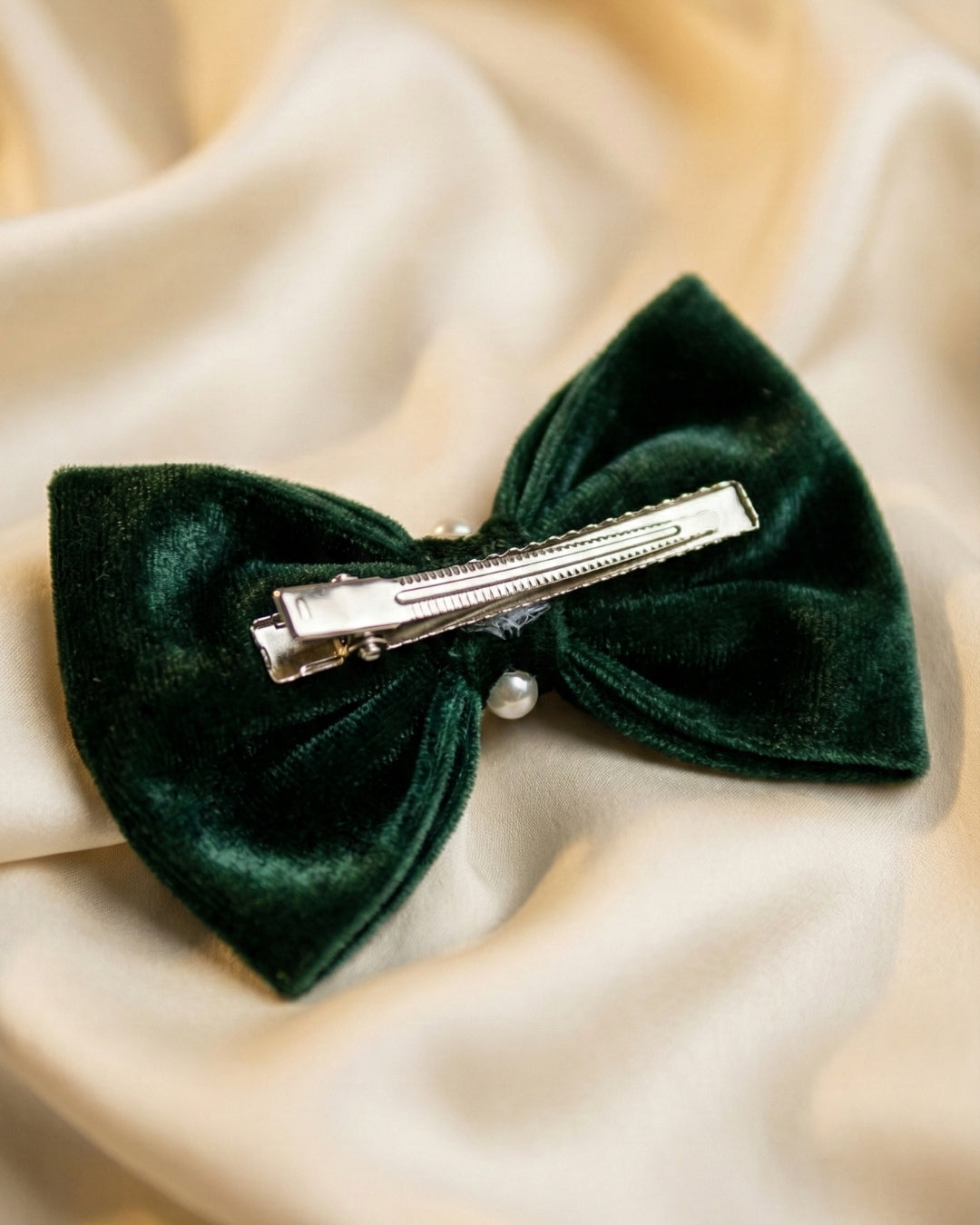 Green Velvet Luxe Solid Embellished Hair Bow Clip